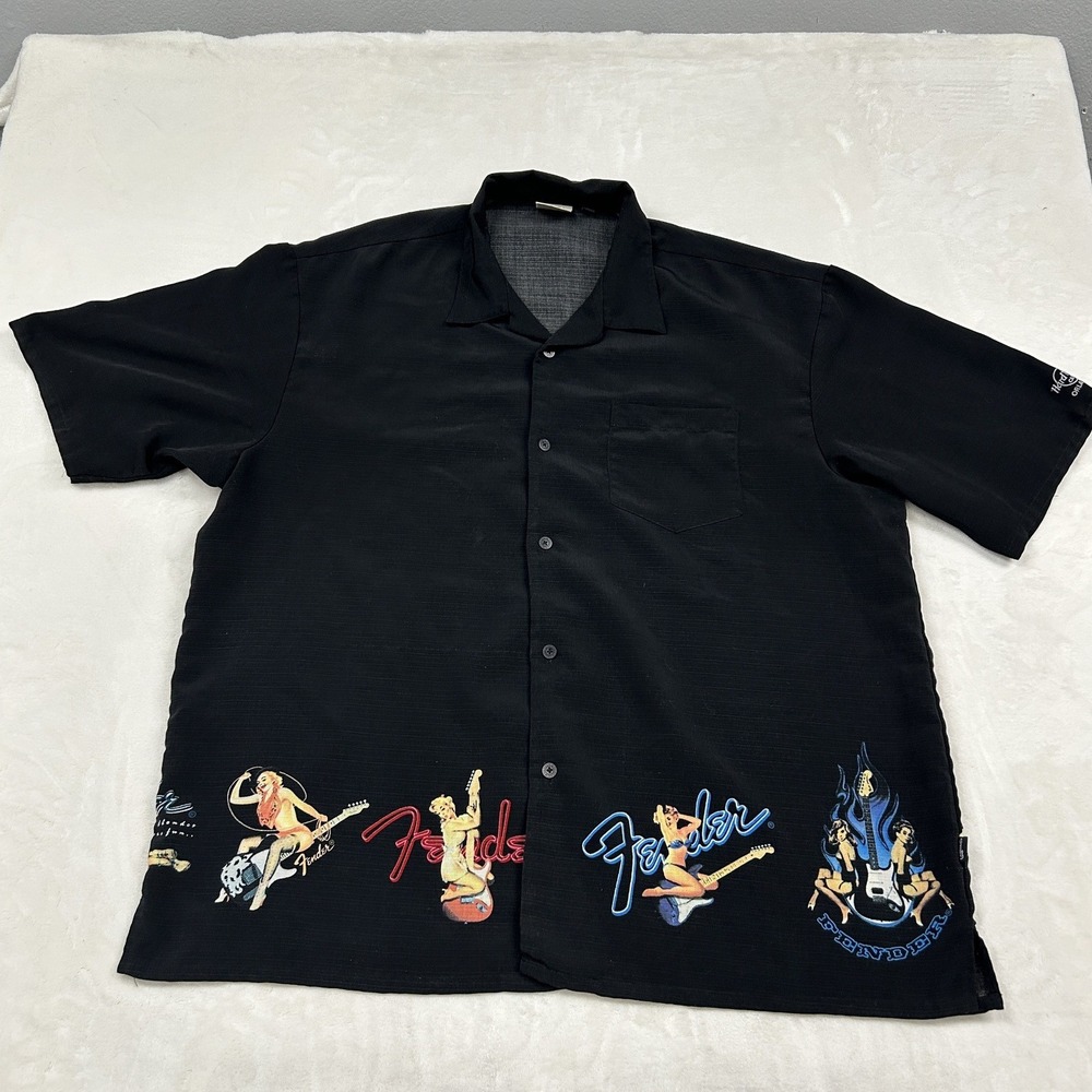 Hard Rock Cafe Fender Shirt Mens XXL Black Pinup Girl Guitar Orlando Button Up